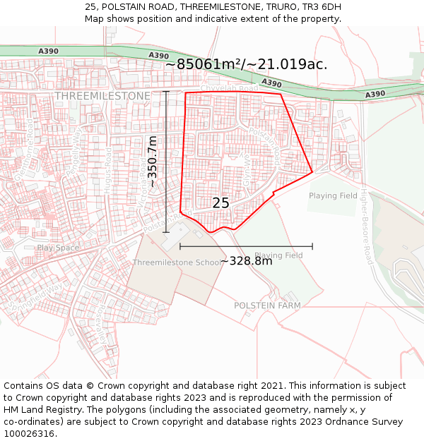 25, POLSTAIN ROAD, THREEMILESTONE, TRURO, TR3 6DH: Plot and title map