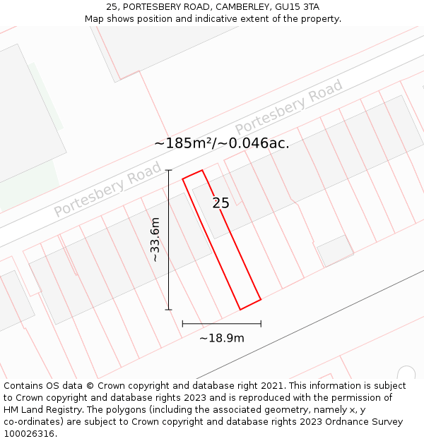 25, PORTESBERY ROAD, CAMBERLEY, GU15 3TA: Plot and title map