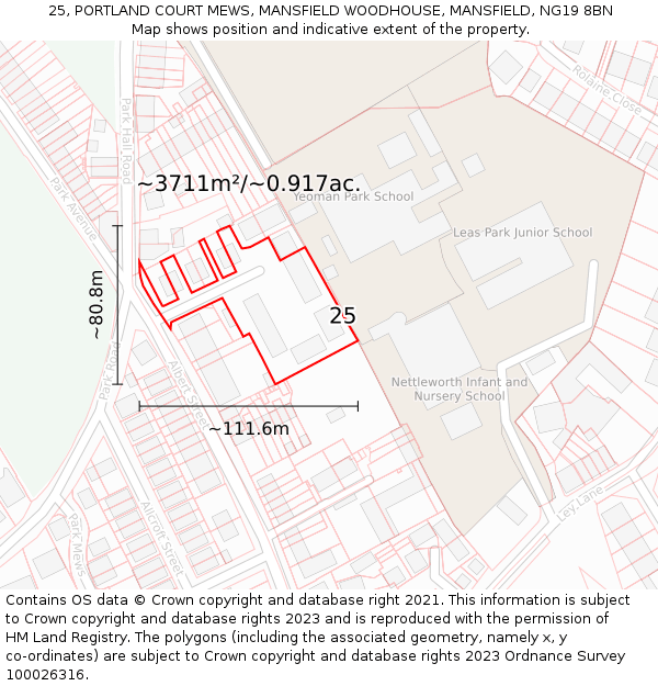 25, PORTLAND COURT MEWS, MANSFIELD WOODHOUSE, MANSFIELD, NG19 8BN: Plot and title map