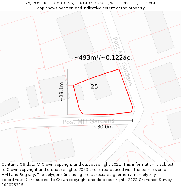 25, POST MILL GARDENS, GRUNDISBURGH, WOODBRIDGE, IP13 6UP: Plot and title map