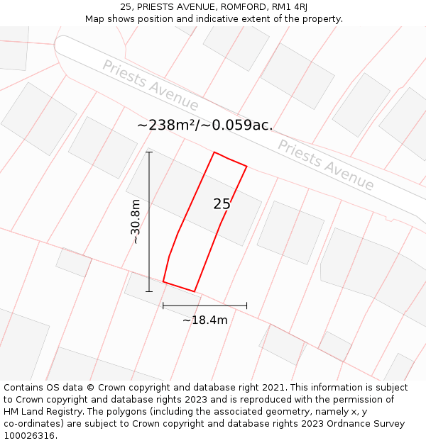 25, PRIESTS AVENUE, ROMFORD, RM1 4RJ: Plot and title map