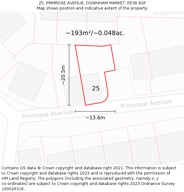 25, PRIMROSE AVENUE, DOWNHAM MARKET, PE38 9GF: Plot and title map