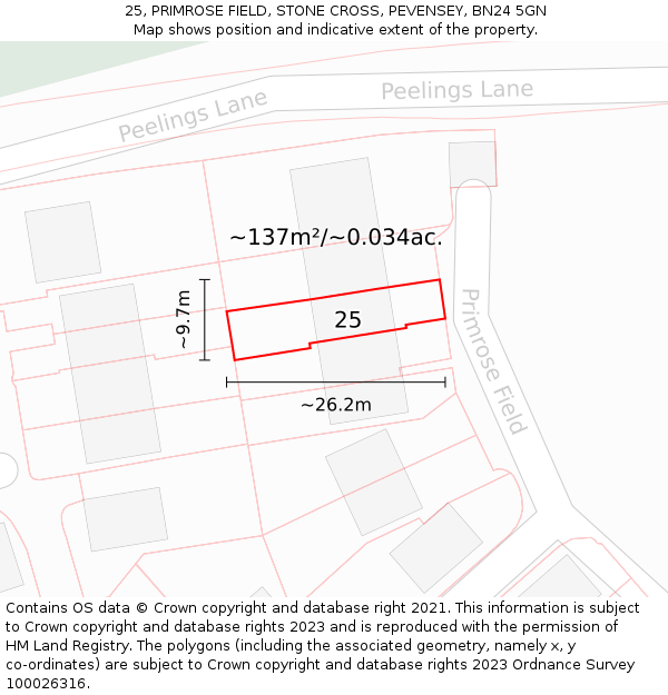 25, PRIMROSE FIELD, STONE CROSS, PEVENSEY, BN24 5GN: Plot and title map