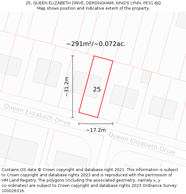 25, QUEEN ELIZABETH DRIVE, DERSINGHAM, KING'S LYNN, PE31 6JQ: Plot and title map