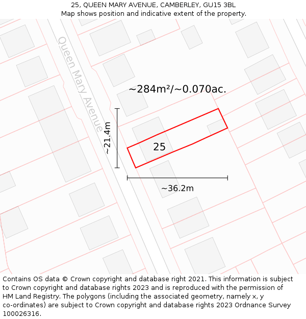 25, QUEEN MARY AVENUE, CAMBERLEY, GU15 3BL: Plot and title map