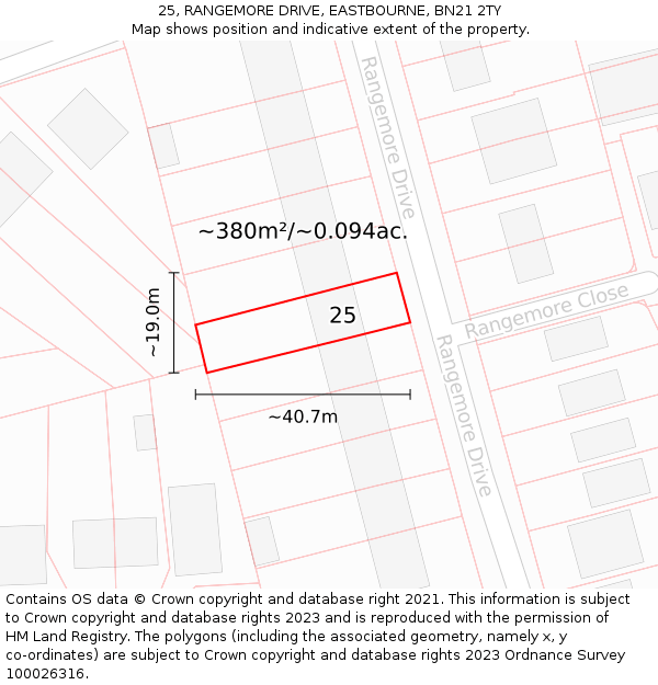 25, RANGEMORE DRIVE, EASTBOURNE, BN21 2TY: Plot and title map