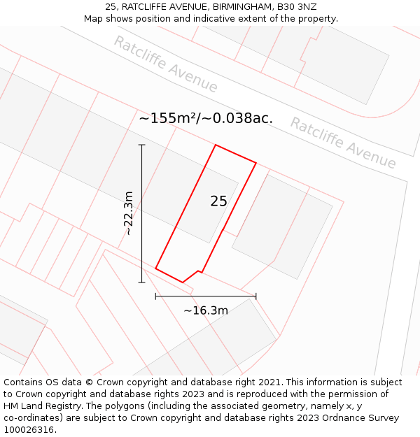 25, RATCLIFFE AVENUE, BIRMINGHAM, B30 3NZ: Plot and title map