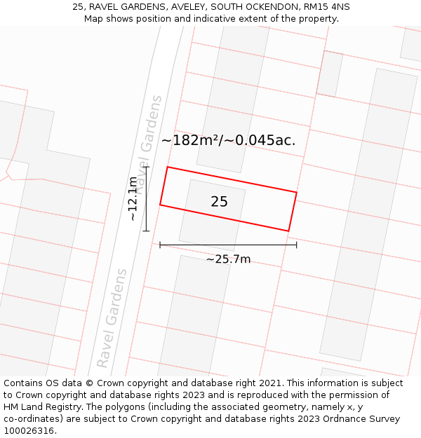 25, RAVEL GARDENS, AVELEY, SOUTH OCKENDON, RM15 4NS: Plot and title map