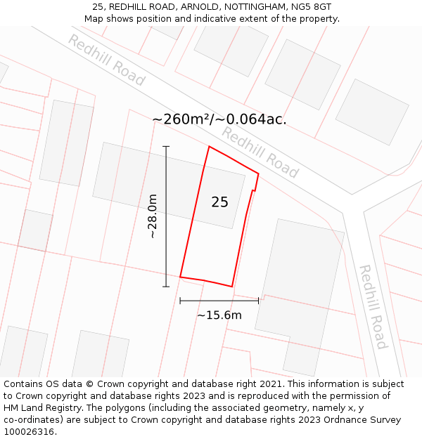 25, REDHILL ROAD, ARNOLD, NOTTINGHAM, NG5 8GT: Plot and title map