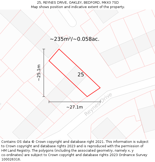 25, REYNES DRIVE, OAKLEY, BEDFORD, MK43 7SD: Plot and title map