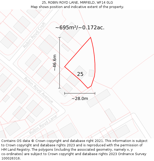 25, ROBIN ROYD LANE, MIRFIELD, WF14 0LG: Plot and title map