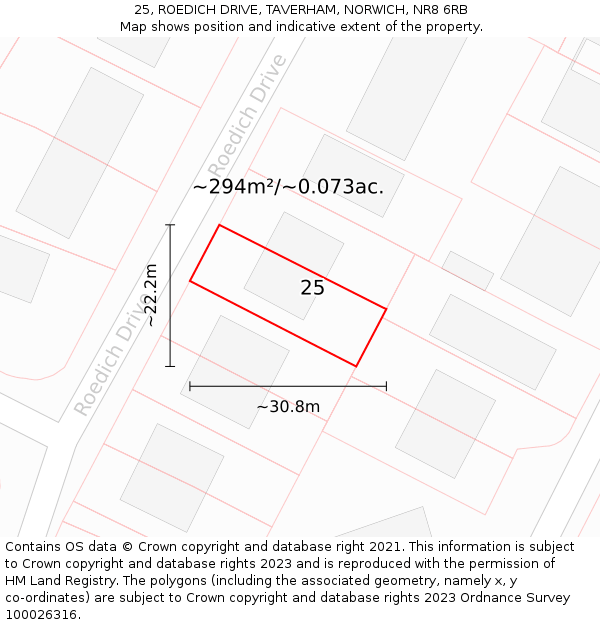 25, ROEDICH DRIVE, TAVERHAM, NORWICH, NR8 6RB: Plot and title map