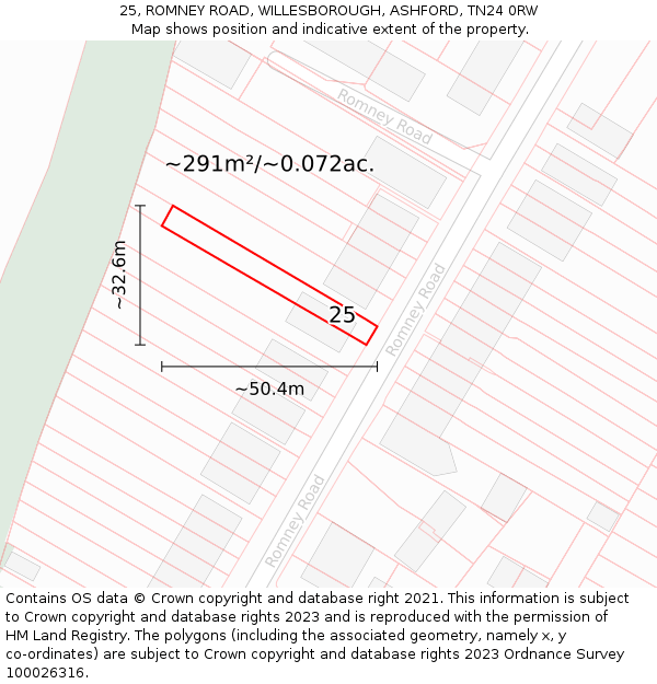 25, ROMNEY ROAD, WILLESBOROUGH, ASHFORD, TN24 0RW: Plot and title map