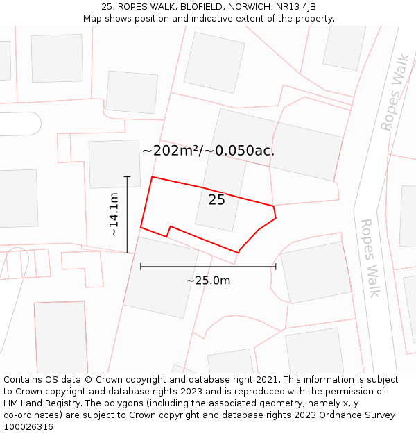 25, ROPES WALK, BLOFIELD, NORWICH, NR13 4JB: Plot and title map