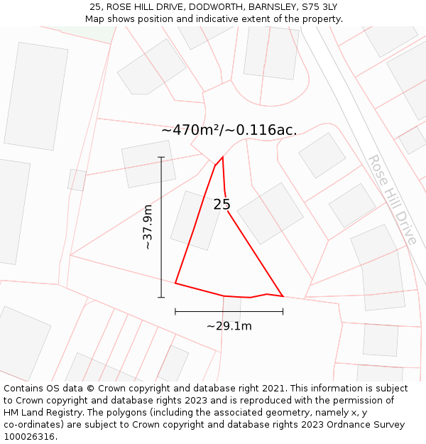 25, ROSE HILL DRIVE, DODWORTH, BARNSLEY, S75 3LY: Plot and title map