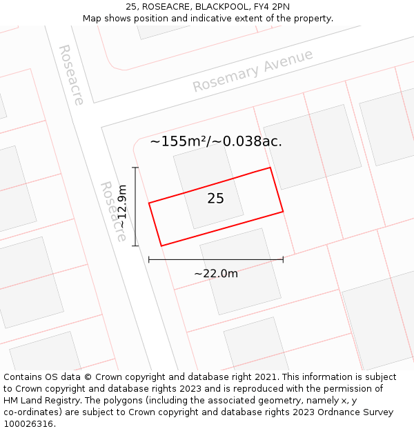 25, ROSEACRE, BLACKPOOL, FY4 2PN: Plot and title map