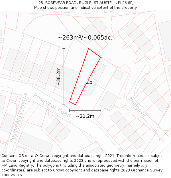 25, ROSEVEAR ROAD, BUGLE, ST AUSTELL, PL26 8PJ: Plot and title map