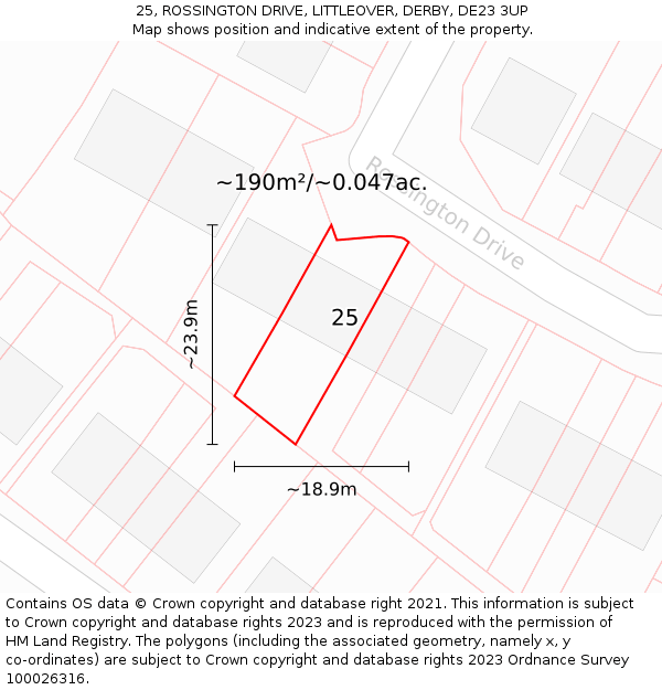 25, ROSSINGTON DRIVE, LITTLEOVER, DERBY, DE23 3UP: Plot and title map