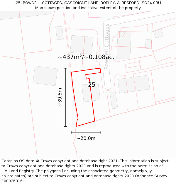 25, ROWDELL COTTAGES, GASCOIGNE LANE, ROPLEY, ALRESFORD, SO24 0BU: Plot and title map