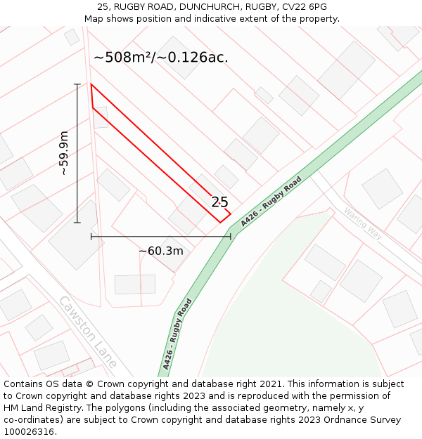 25, RUGBY ROAD, DUNCHURCH, RUGBY, CV22 6PG: Plot and title map