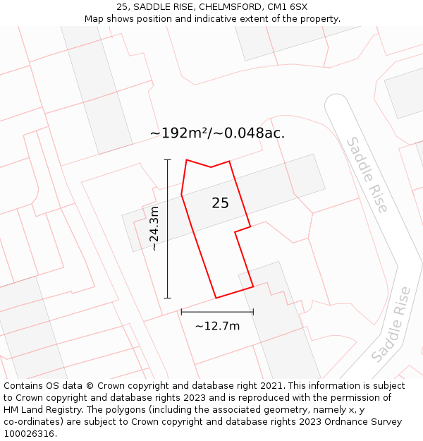 25, SADDLE RISE, CHELMSFORD, CM1 6SX: Plot and title map