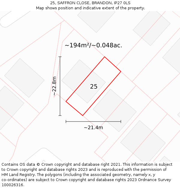 25, SAFFRON CLOSE, BRANDON, IP27 0LS: Plot and title map