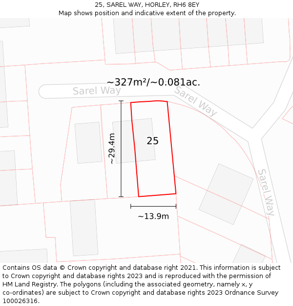25, SAREL WAY, HORLEY, RH6 8EY: Plot and title map