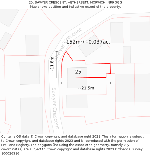 25, SAWYER CRESCENT, HETHERSETT, NORWICH, NR9 3GG: Plot and title map