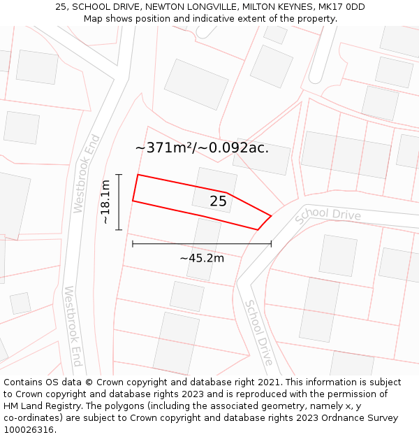 25, SCHOOL DRIVE, NEWTON LONGVILLE, MILTON KEYNES, MK17 0DD: Plot and title map