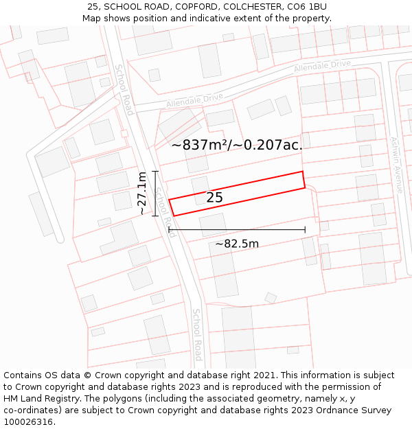 25, SCHOOL ROAD, COPFORD, COLCHESTER, CO6 1BU: Plot and title map