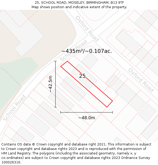 25, SCHOOL ROAD, MOSELEY, BIRMINGHAM, B13 9TF: Plot and title map