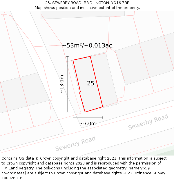 25, SEWERBY ROAD, BRIDLINGTON, YO16 7BB: Plot and title map