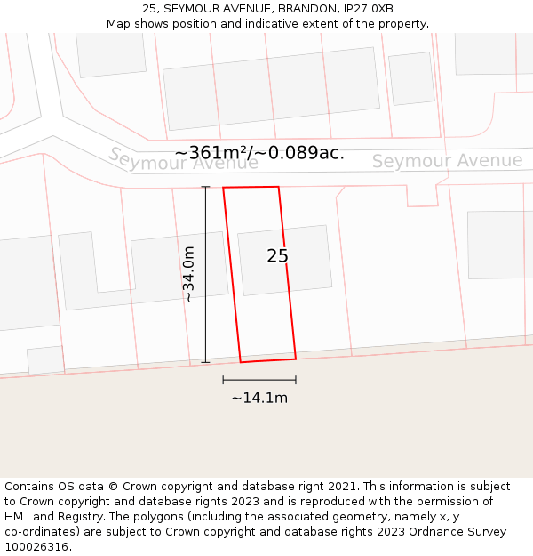 25, SEYMOUR AVENUE, BRANDON, IP27 0XB: Plot and title map