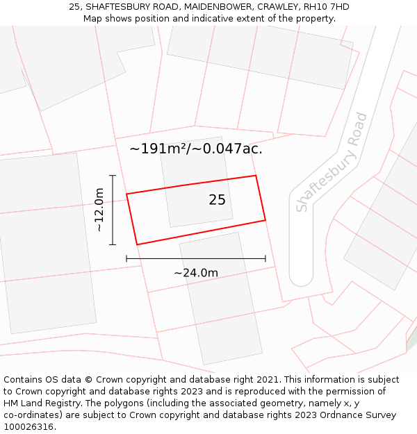 25, SHAFTESBURY ROAD, MAIDENBOWER, CRAWLEY, RH10 7HD: Plot and title map