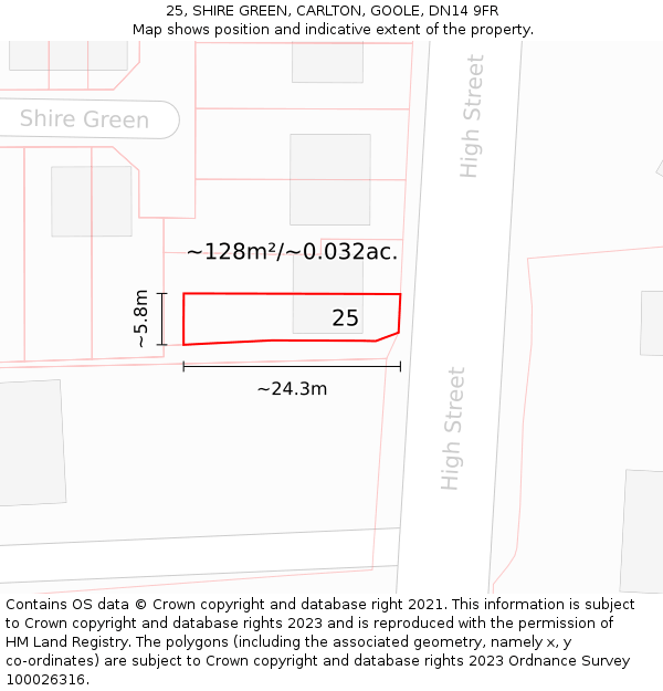 25, SHIRE GREEN, CARLTON, GOOLE, DN14 9FR: Plot and title map