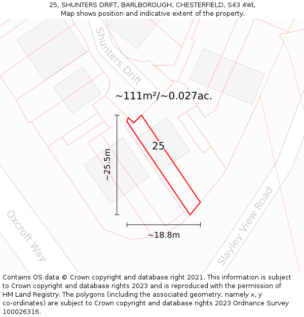 25, SHUNTERS DRIFT, BARLBOROUGH, CHESTERFIELD, S43 4WL: Plot and title map