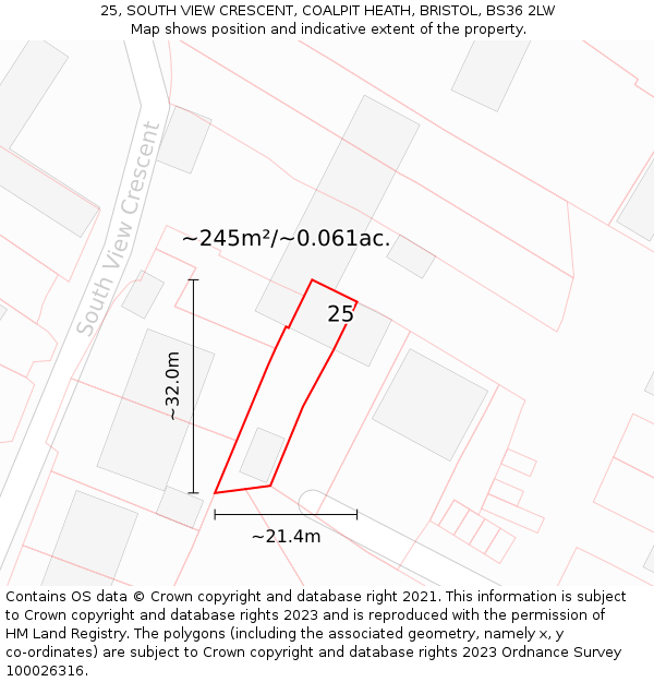 25, SOUTH VIEW CRESCENT, COALPIT HEATH, BRISTOL, BS36 2LW: Plot and title map