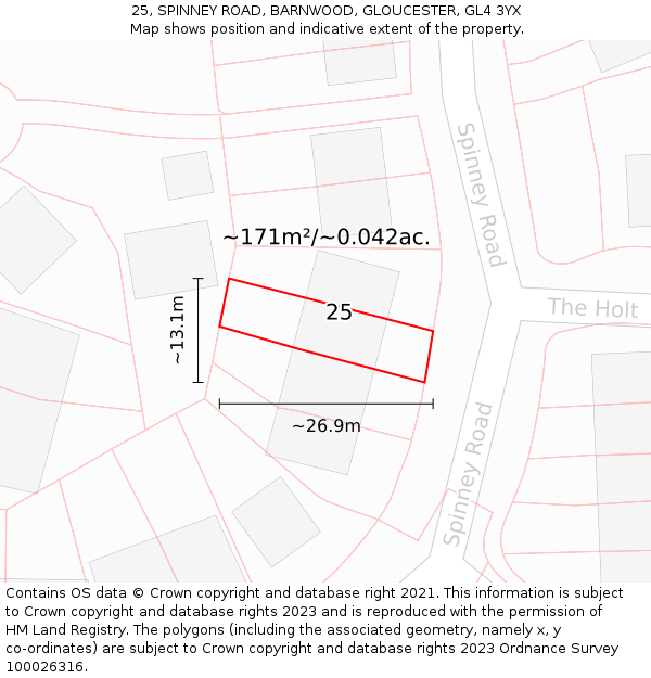 25, SPINNEY ROAD, BARNWOOD, GLOUCESTER, GL4 3YX: Plot and title map