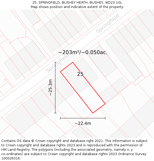 25, SPRINGFIELD, BUSHEY HEATH, BUSHEY, WD23 1GL: Plot and title map