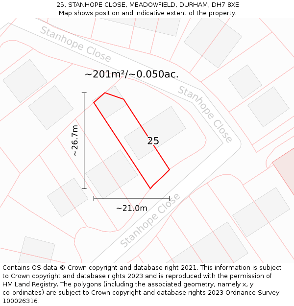 25, STANHOPE CLOSE, MEADOWFIELD, DURHAM, DH7 8XE: Plot and title map