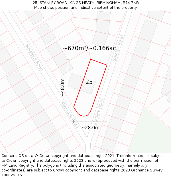 25, STANLEY ROAD, KINGS HEATH, BIRMINGHAM, B14 7NB: Plot and title map