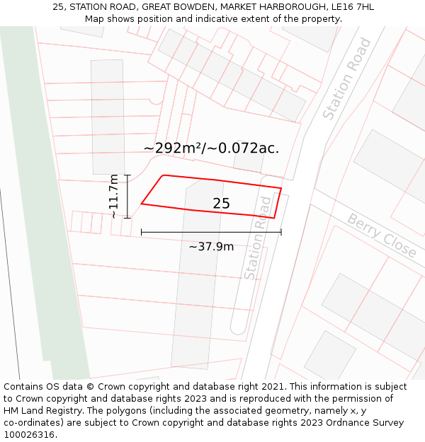 25, STATION ROAD, GREAT BOWDEN, MARKET HARBOROUGH, LE16 7HL: Plot and title map