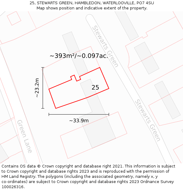 25, STEWARTS GREEN, HAMBLEDON, WATERLOOVILLE, PO7 4SU: Plot and title map