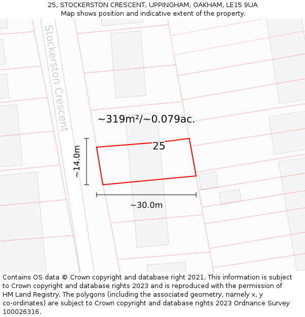 25, STOCKERSTON CRESCENT, UPPINGHAM, OAKHAM, LE15 9UA: Plot and title map