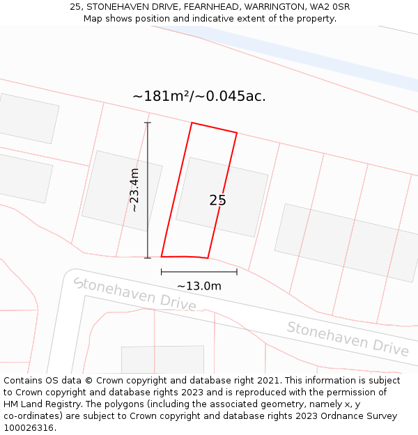 25, STONEHAVEN DRIVE, FEARNHEAD, WARRINGTON, WA2 0SR: Plot and title map