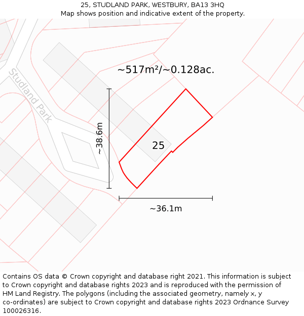 25, STUDLAND PARK, WESTBURY, BA13 3HQ: Plot and title map