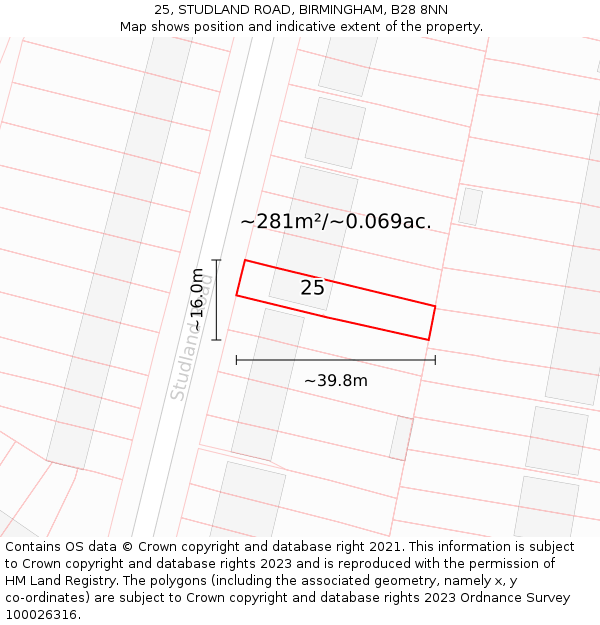 25, STUDLAND ROAD, BIRMINGHAM, B28 8NN: Plot and title map