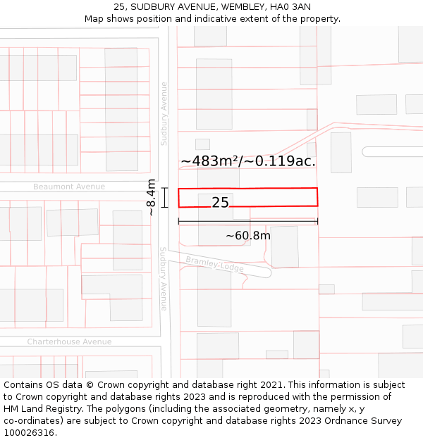 25, SUDBURY AVENUE, WEMBLEY, HA0 3AN: Plot and title map