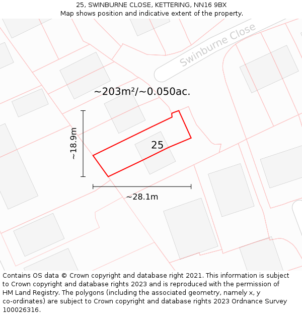 25, SWINBURNE CLOSE, KETTERING, NN16 9BX: Plot and title map