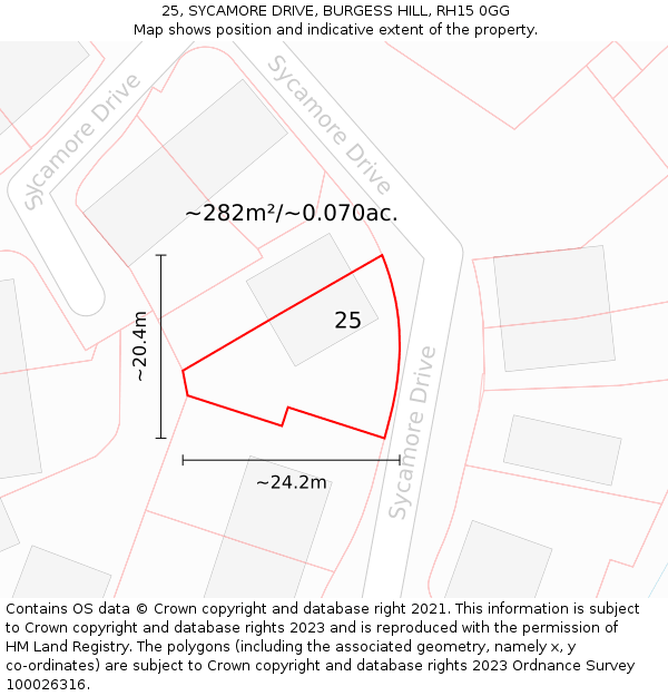 25, SYCAMORE DRIVE, BURGESS HILL, RH15 0GG: Plot and title map